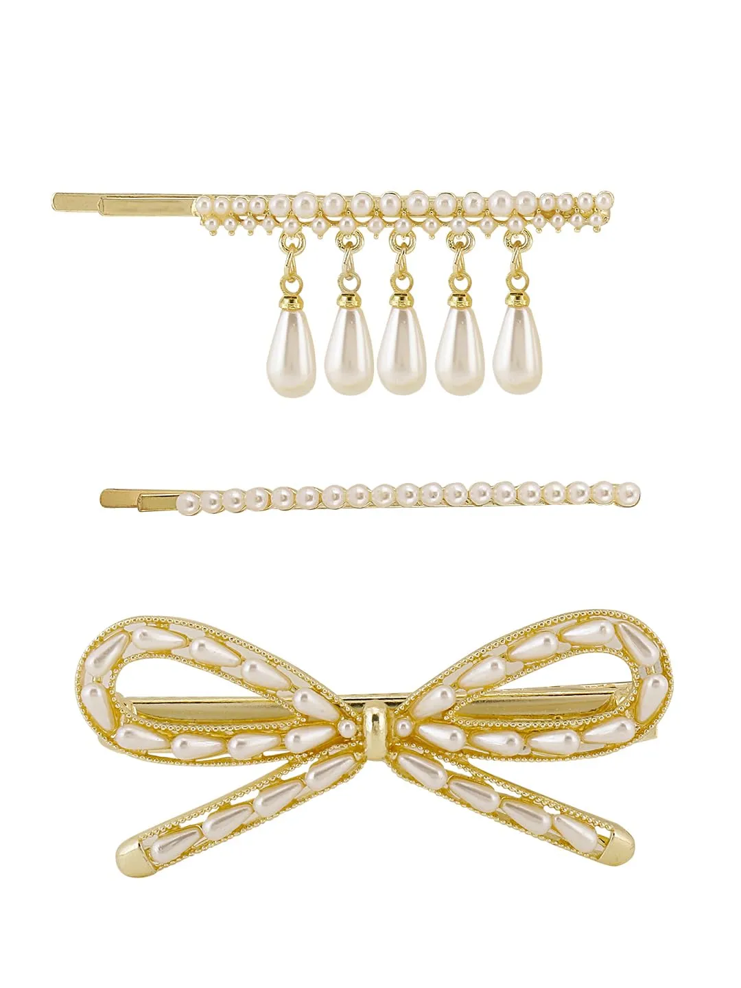 Yellow Chimes 3 pcs Fine Quality Stylish Bow Tie Design Pearl Hair Pin Bobby Pin Hair Clips Fashion Hair Accessories for Women Girls,