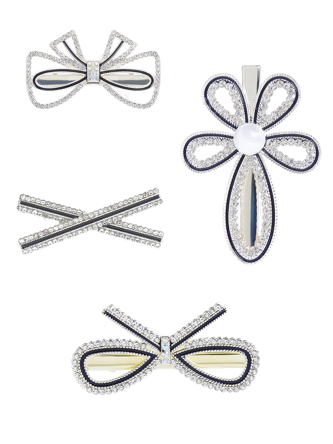 Yellow Chimes 4 Pcs Crystal Studded Stylish Hair Clips Barratte Clips for Women Girls (Pack of 4), White, Medium (YCHACL-WM007-WH)