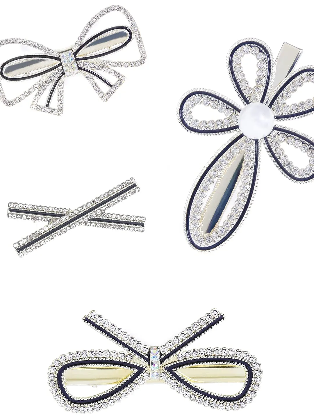 Yellow Chimes 4 Pcs Crystal Studded Stylish Hair Clips Barratte Clips for Women Girls (Pack of 4), White, Medium (YCHACL-WM007-WH)