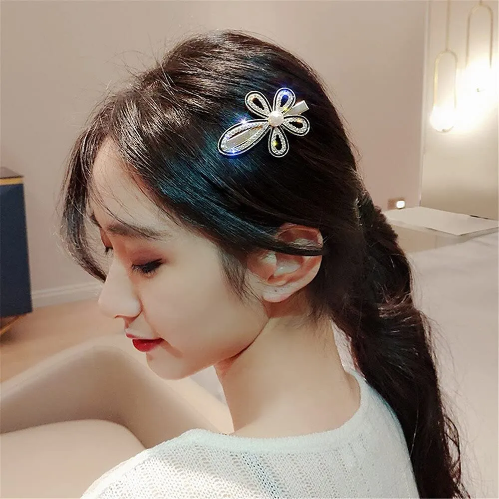 Yellow Chimes 4 Pcs Crystal Studded Stylish Hair Clips Barratte Clips for Women Girls (Pack of 4), White, Medium (YCHACL-WM007-WH)