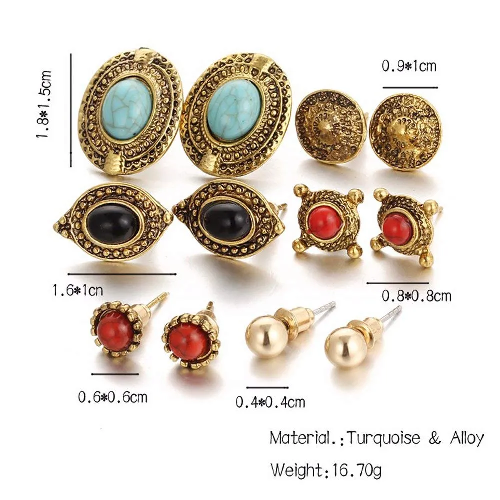 Yellow Chimes 6 Assorted Pairs Afghani Studs Combo Set Golden Oxidized Stylish Studs Earrings for Women & Girls