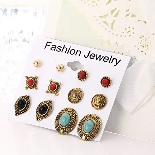 Yellow Chimes 6 Assorted Pairs Afghani Studs Combo Set Golden Oxidized Stylish Studs Earrings for Women & Girls