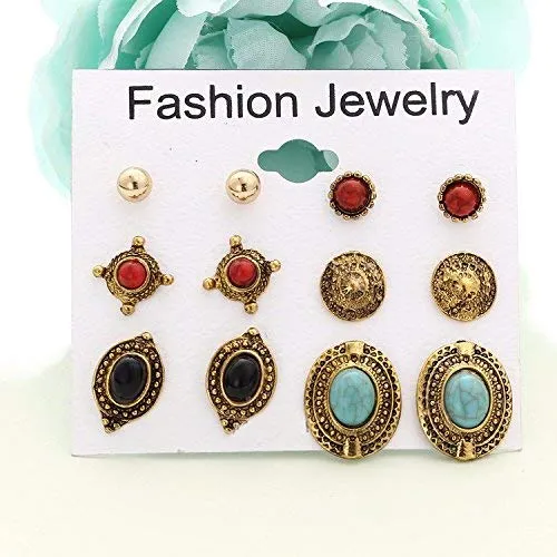 Yellow Chimes 6 Assorted Pairs Afghani Studs Combo Set Golden Oxidized Stylish Studs Earrings for Women & Girls