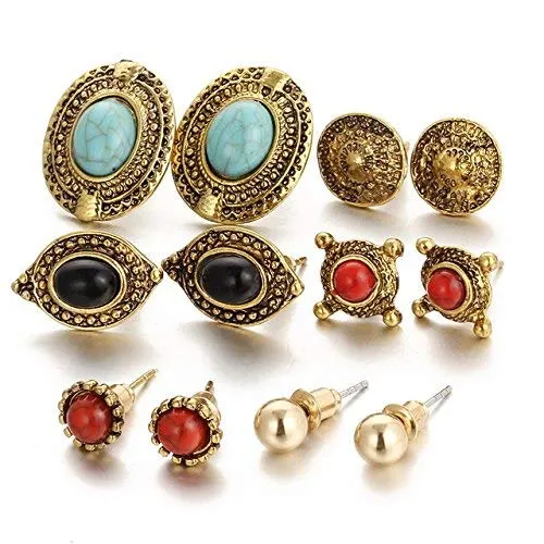 Yellow Chimes 6 Assorted Pairs Afghani Studs Combo Set Golden Oxidized Stylish Studs Earrings for Women & Girls