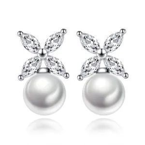 Yellow Chimes A5 Grade Crystal Stylish Latest Formal Casual Wear Evergreen White Pearl Studs Silver Plated Stud Earrings for Women and Girls (Floral Crystal)