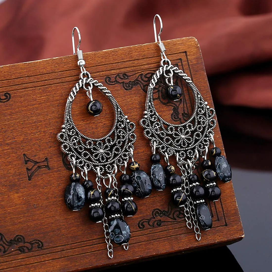 Yellow Chimes Afghani Tribal Black Silver Dangle Earring for Women & Girls