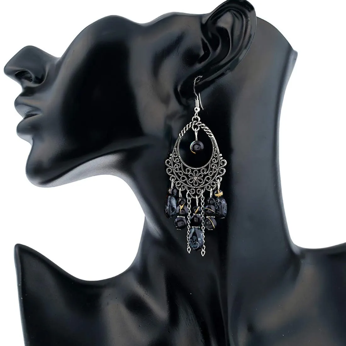 Yellow Chimes Afghani Tribal Black Silver Dangle Earring for Women & Girls