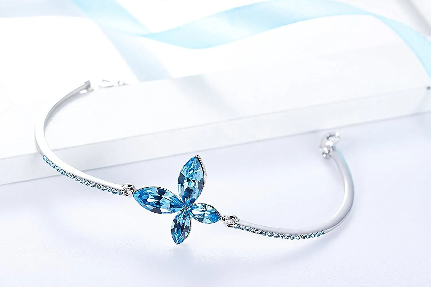 Yellow Chimes Blue Butterfly White Gold Plated Charm Bangle Bracelet for Women and Girls