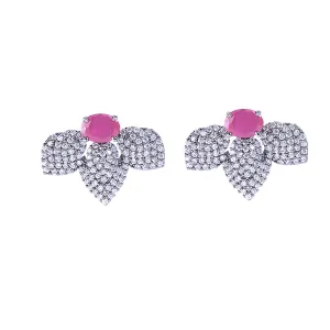 Yellow Chimes Classic AD/American Diamond Studded Black Rhodium Plated Pink Flower Stud Earrings for Women and Girls, Medium