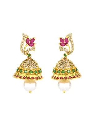 Yellow Chimes Classic AD/American Diamond Studded Pink Floral Design Pearl Drop Gold Plated Jhumka Jhumki Earrings for Women and Girls, Medium