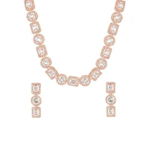 Yellow Chimes Classic AD/American Diamond Studded Rose Gold Plated Square Oval Designed Necklace Set Jewellery Set for Women and Girls, White, Medium (YCADNS-16OVLSQR-RG)