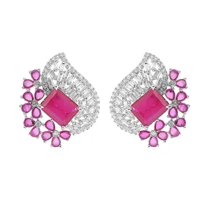 Yellow Chimes Classic AD/American Diamond Studded White Rhodium Plated Pink Flower Stud Earrings for Women and Girls, Medium