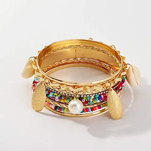 Yellow Chimes Classic Design 7 Pcs Colorfull Beads Studded Pearl's Ethnic Style Gold Plated Boho Bangles Set for Women and Girl's