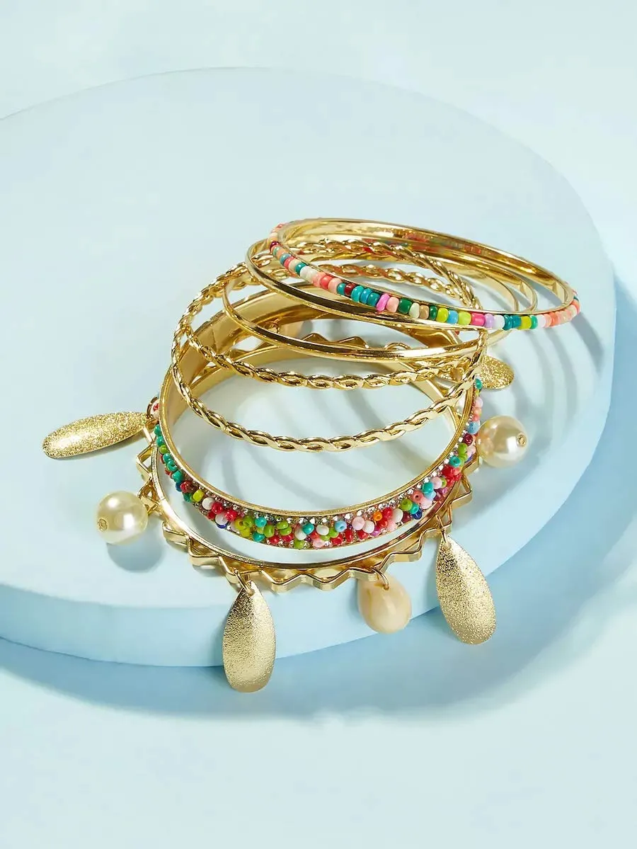 Yellow Chimes Classic Design 7 Pcs Colorfull Beads Studded Pearl's Ethnic Style Gold Plated Boho Bangles Set for Women and Girl's