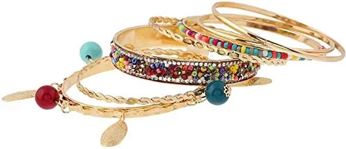 Yellow Chimes Classic Design 7 Pcs Colorfull Beads Studded Pearl's Ethnic Style Gold Plated Boho Bangles Set for Women and Girl's