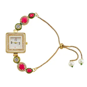 Yellow Chimes Classic Design Crystal Studded Kundan Gold Plated Traditional Square Shaped Adjuatable Chain Charm Bracelet for Women & Girls