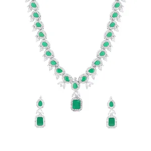 Yellow Chimes Classic Style AD/American Diamond Studded White Rhodium Plated Green Crystal Design Necklace Set Jewellery Set for Women and Girls, Medium, YCADNS-12SQRDRP-GR