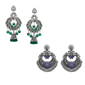 Yellow Chimes Combo of 2 Pairs Ethnic Silver Oxidised Floral Design Beads Studded Stones Chandbali Jhumka Earrings for Women and Girls, medium (YCTJER-CHNDNGLR-C-GRBL), green, blue