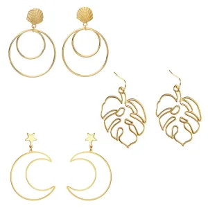 Yellow Chimes Combo of 3 Pairs Latest Fashion Gold Plated Geometric Design Round Leaf Shape Dangle Earrings for Women and Girls, Medium, YCFJER-15GEOMTRC-C-GL