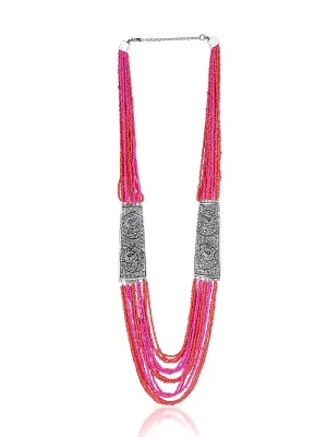 Yellow Chimes Designer Artistic Handmade Afghani Tibetan Style German Silver Oxidized Mulit Layer Beads Long Necklace Women and Girls (Pink)