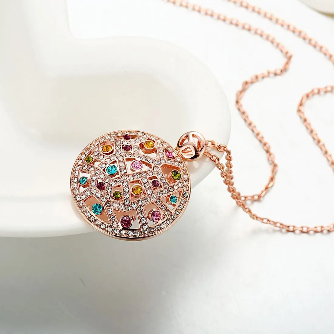 Yellow Chimes Designer Circle 18K Rose Gold Plated Swiss Zircon Pendant for Women and Girls