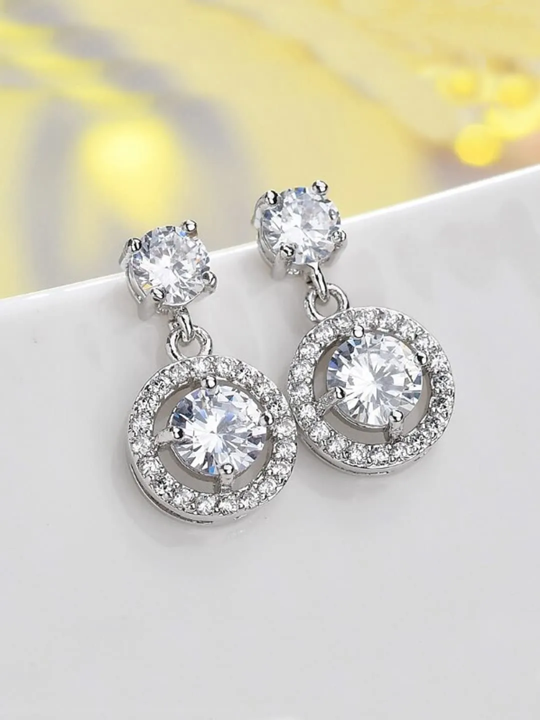 Yellow Chimes Drop Earrings for Women with White Crystal Silver-toned Glamour Spark Drop Earrings For Women & Girls