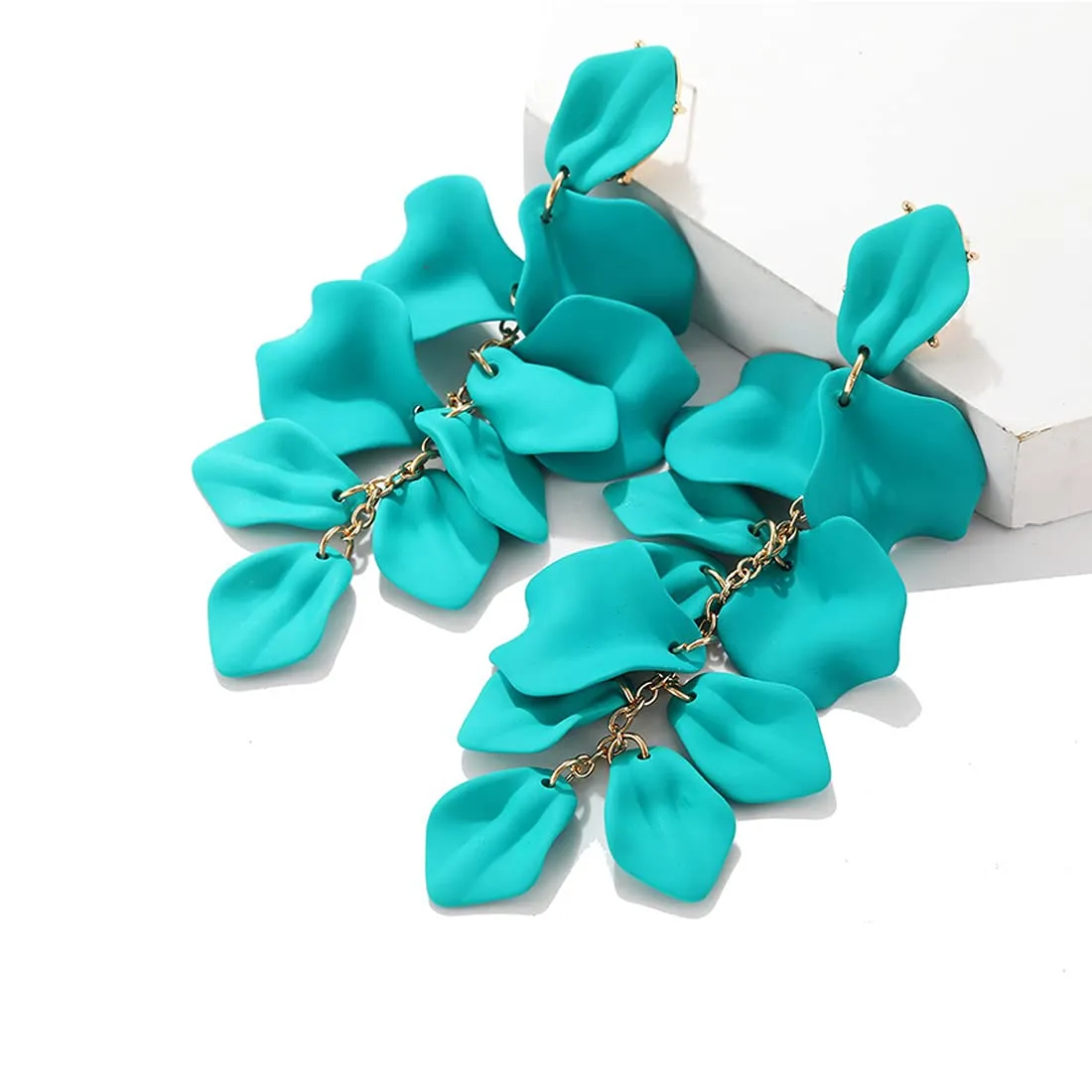 Yellow Chimes Elegant Latest Fashion Gold Plated Teal Blue Colour Flower Petals Design Dangler Earrings for Women and Girls, Medium (YCFJER-PETLDNG-TBL)