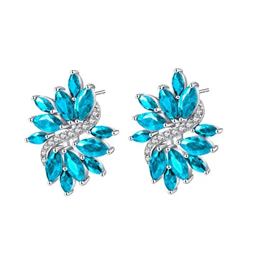 Yellow Chimes Elegant Latest Fashion Silver Toned Blue Studded Crystal Floral Design Stud Earrings for Women and Girls, medium