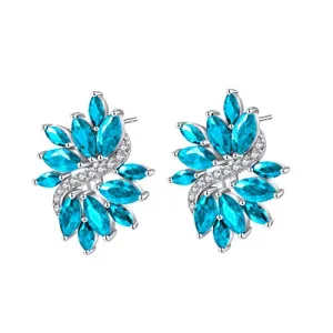 Yellow Chimes Elegant Latest Fashion Silver Toned Blue Studded Crystal Floral Design Stud Earrings for Women and Girls, medium