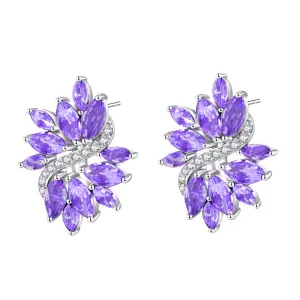 Yellow Chimes Elegant Latest Fashion Silver Toned Purple Studded Crystal Floral Design Stud Earrings for Women and Girls, medium