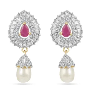 Yellow Chimes Elegant Pink AD/American Diamond Studded 18k Gold Plated HandCrafted Pearl Drop Earrings for Women & Girls