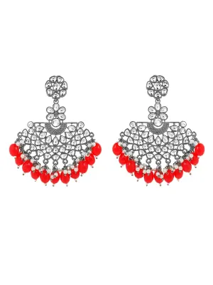 Yellow Chimes Ethnic Silver Oxidised Floral Design Kundan Studded Red Beads Chandbali Earrings for Women and Girls, Silver, Red, Medium (YCTJER-93BLKMTK-RD)