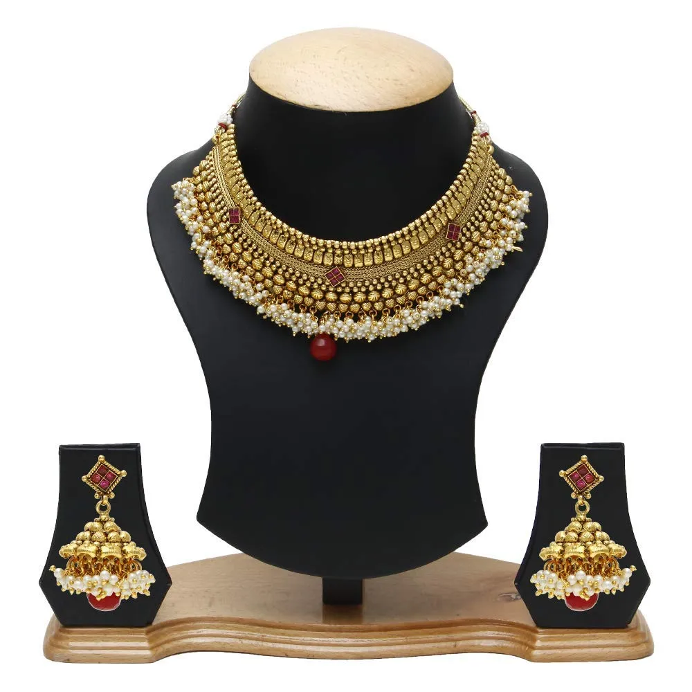 Yellow Chimes Exclusive Gold Plated Studded Pearl Antique Look Ethnic Traditional Choker Necklace Set with Maang Tikka Jhumka And Earrings Jewellery Set for Women