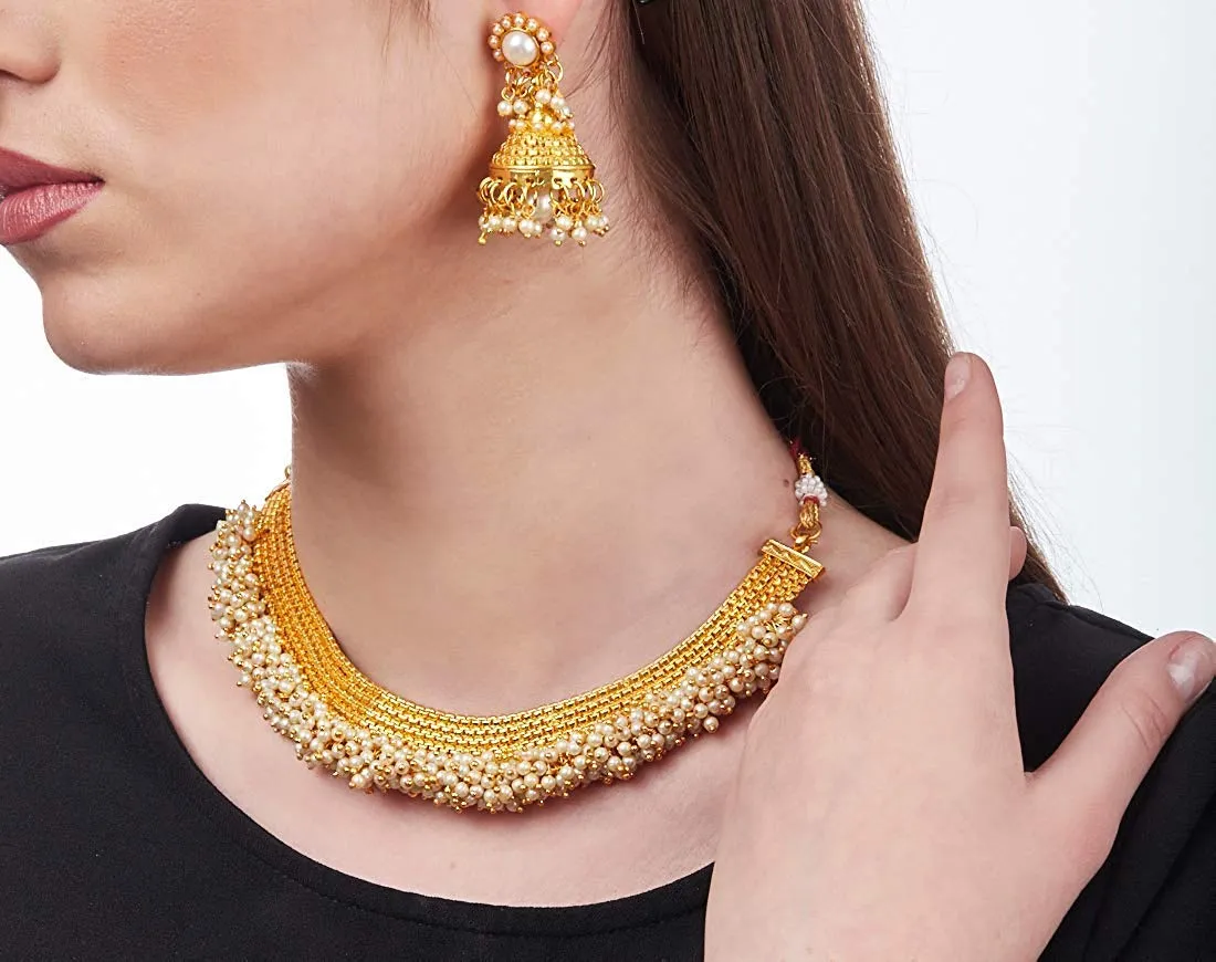 Yellow Chimes Exclusive Gold Plated Studded Pearl Antique Look Ethnic Traditional Choker Necklace Set with Ring and Earrings Jewellery Set for Women and Girls