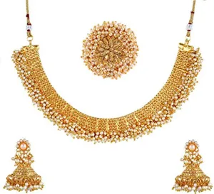 Yellow Chimes Exclusive Gold Plated Studded Pearl Antique Look Ethnic Traditional Choker Necklace Set with Ring and Earrings Jewellery Set for Women and Girls