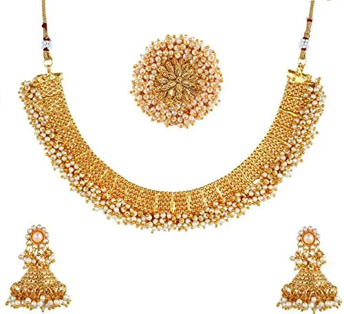 Yellow Chimes Exclusive Gold Plated Studded Pearl Antique Look Ethnic Traditional Choker Necklace Set with Ring and Earrings Jewellery Set for Women and Girls