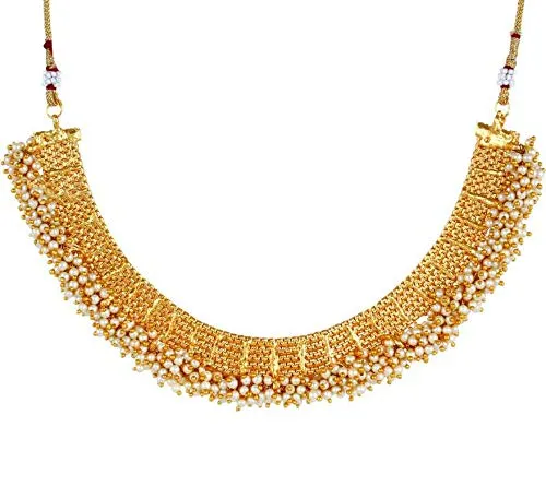 Yellow Chimes Exclusive Gold Plated Studded Pearl Antique Look Ethnic Traditional Choker Necklace Set with Ring and Earrings Jewellery Set for Women and Girls