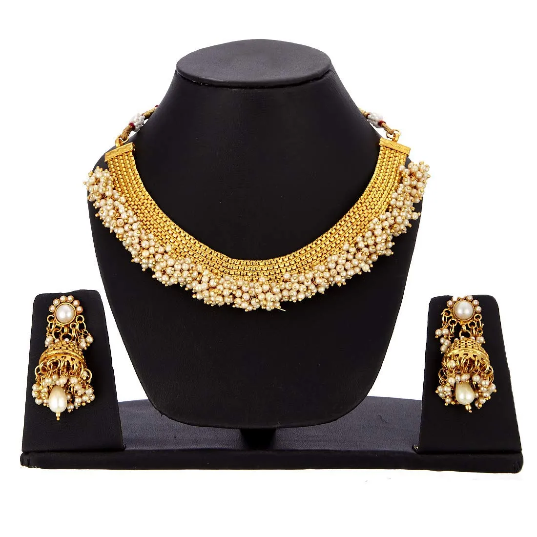 Yellow Chimes Exclusive Gold Plated Studded Pearl Antique Look Ethnic Traditional Choker Necklace Set with Ring and Earrings Jewellery Set for Women and Girls