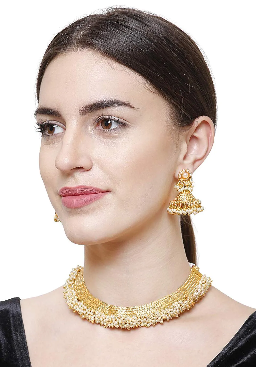 Yellow Chimes Exclusive Gold Plated Studded Pearl Antique Look Ethnic Traditional Choker Necklace Set with Ring and Earrings Jewellery Set for Women and Girls