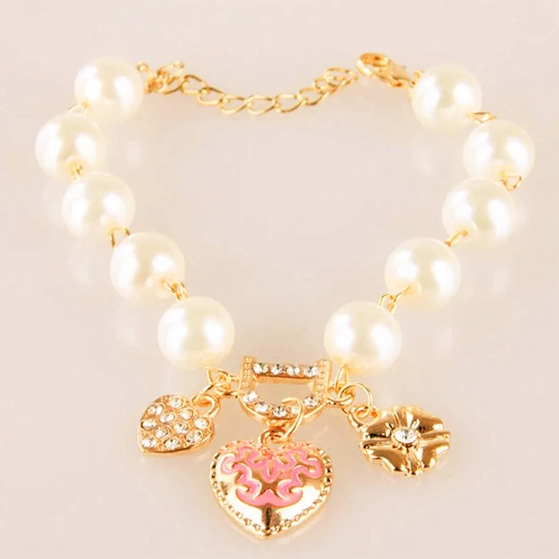 Yellow Chimes Exquisite Pearl Floral Love Heart Gold Plated Charm Bracelet for Women and Girls