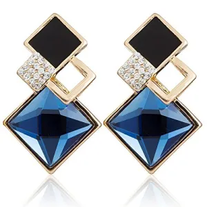 Yellow Chimes Fine Vintage Long Square Geometric Crystal Blue Gold Plated Drop Stud Earrings for Women and Girls