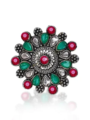 Yellow Chimes Floral Charm Ruby Stones Silver Oxidized Traditional Adjustable Ring for Women