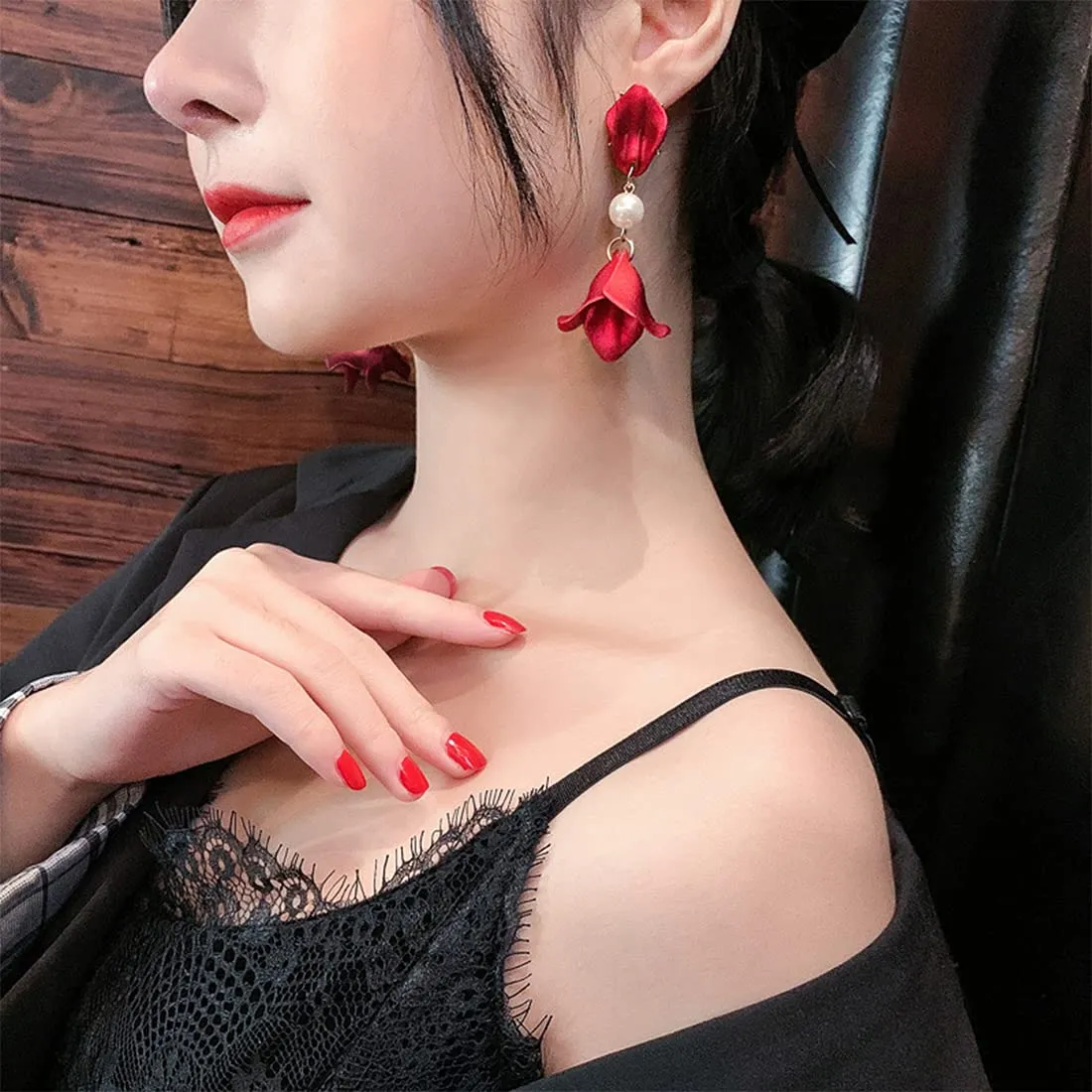 Yellow Chimes Floral Earrings for Women Gold Plated Metallic Red Colour Floral Petals Pearl Drop Earrings for Women and Girls