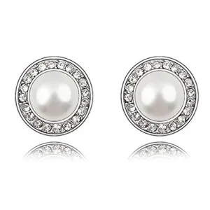 Yellow Chimes Girls/Women's A5 Grade Crystal Formal Casual Wear Evergreen White Pearl Studs Silver Plated Base Metal Small Stud Earrings