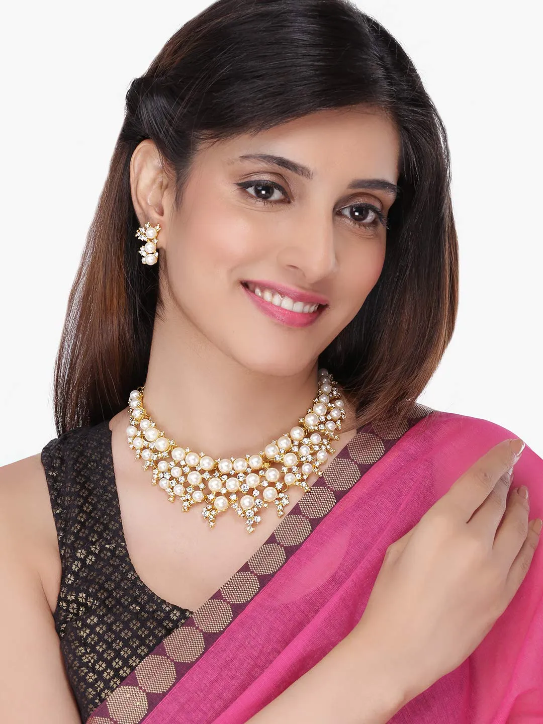 Yellow Chimes Gold Plated Pearl Necklace Set/Jewellery Set with Party Wear Earrings for Women and Girls