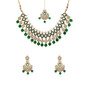 Yellow Chimes Jewellery Set for Women and Girls Kundan Necklace Set Gold Plated Kundan Studded Green Beads Drop Choker Necklace Set | Birthday Gift for girls and women Anniversary Gift for Wife