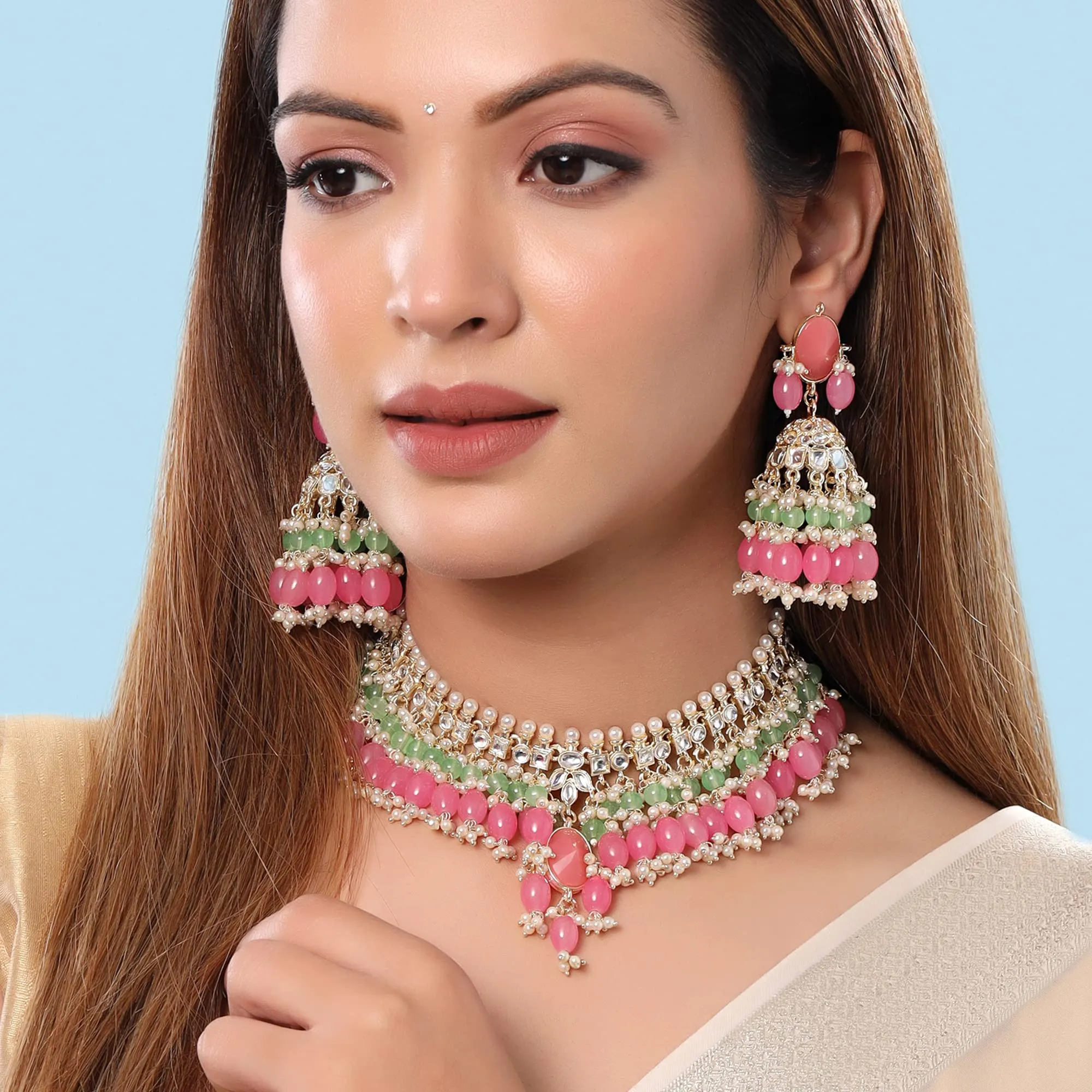 Yellow Chimes Jewellery Set for Women and Girls Kundan Necklace Set Gold Plated Kundan Studded Green Pink Beads Drop Choker Necklace Set | Birthday Gift for girls and women Anniversary Gift for Wife