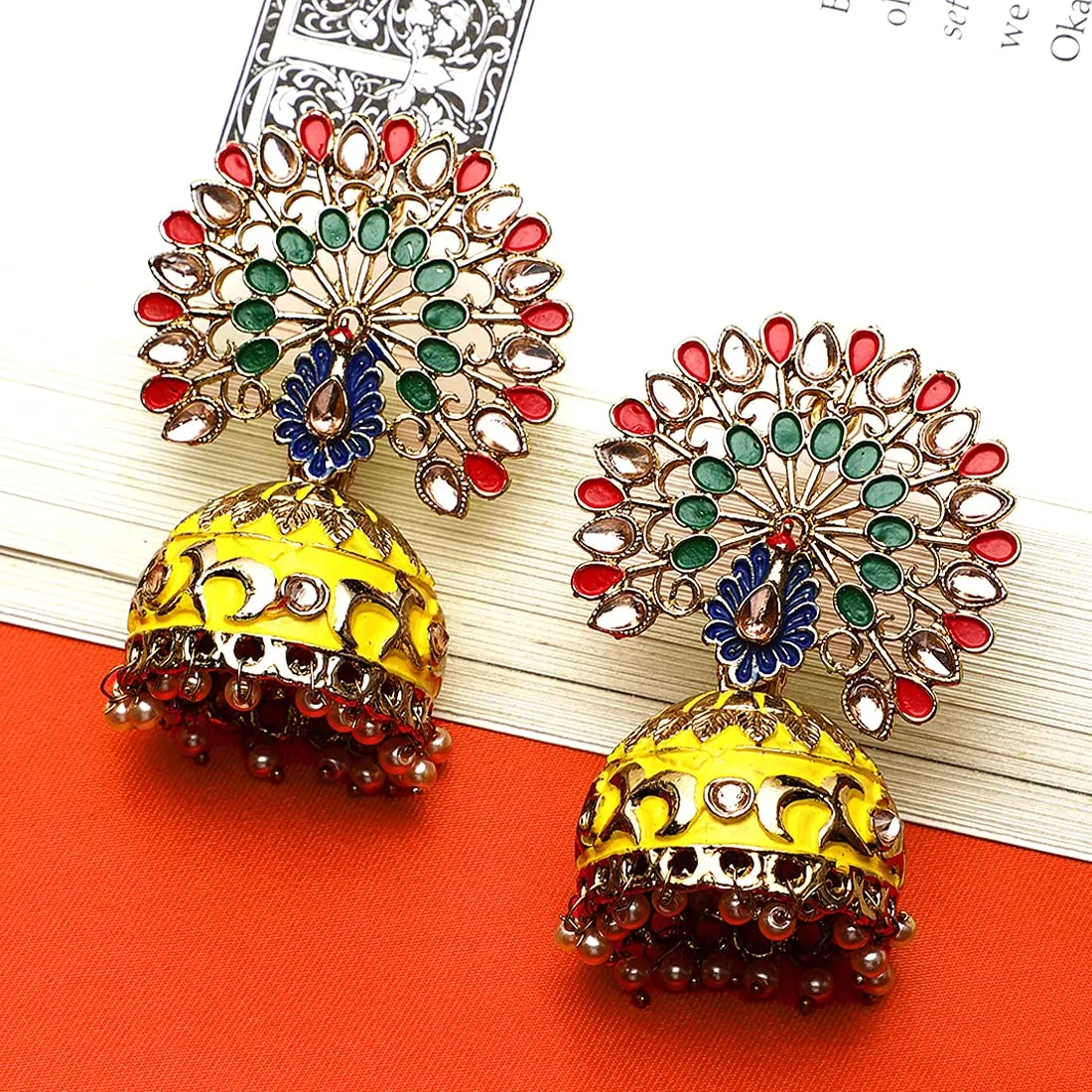 Yellow Chimes Jhumka Earrings for Women Ethnic Gold Plated Traditional Multicolour Meenakari Peacock Design Jhumka Earrings for Women and Girls