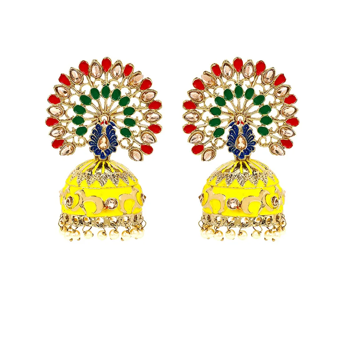 Yellow Chimes Jhumka Earrings for Women Ethnic Gold Plated Traditional Multicolour Meenakari Peacock Design Jhumka Earrings for Women and Girls