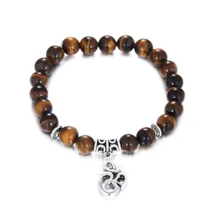 Yellow Chimes King Crown Lion Head Natural Tiger's Eye Stone Volcanic Lava Black Reiki Healing Stretchable Beads Charm Bracelet for Men and Boys